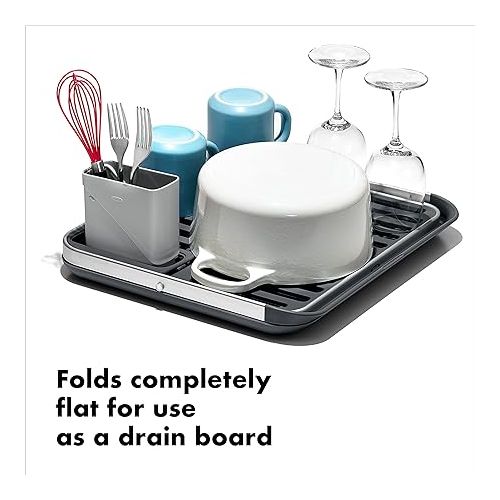 옥소 OXO Good Grips Aluminum Fold Flat Dish Drying Rack, 2-Tier, with Drainboard, for Kitchen Counter, Collapsible