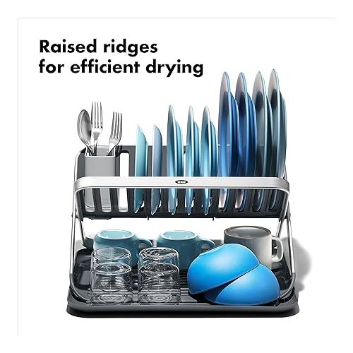 옥소 OXO Good Grips Aluminum Fold Flat Dish Drying Rack, 2-Tier, with Drainboard, for Kitchen Counter, Collapsible