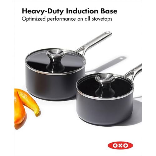 옥소 OXO Professional 1.7QT and 2.3QT Saucepan Pot Set with Lids Hard Anodized Ceramic Nonstick Cookware PFAS-Free Induction Suitable Stainless Steel Diamond Reinforced Coating Dishwasher/ Oven Safe Black