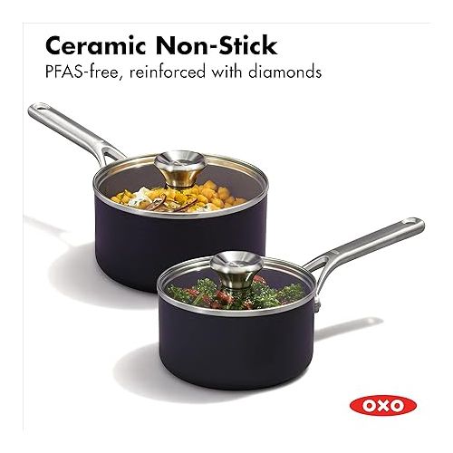 옥소 OXO Professional 1.7QT and 2.3QT Saucepan Pot Set with Lids Hard Anodized Ceramic Nonstick Cookware PFAS-Free Induction Suitable Stainless Steel Diamond Reinforced Coating Dishwasher/ Oven Safe Black