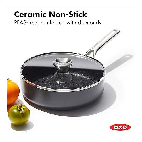 옥소 OXO Professional 3QT Saute Pan Jumbo Cooker with Lid, Hard Anodized Ceramic Nonstick Cookware PFAS-Free, Stainless Steel, Induction Suitable, Diamond Reinforced Coating Dishwasher and Oven Safe, Black