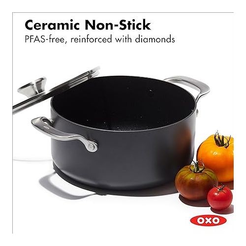 옥소 OXO Professional 5QT Stock Pot with Lid, Hard Anodized Ceramic Nonstick Cookware PFAS-Free, Stainless Steel Handles, Induction Suitable, Diamond Reinforced Coating, Dishwasher and Oven Safe, Black