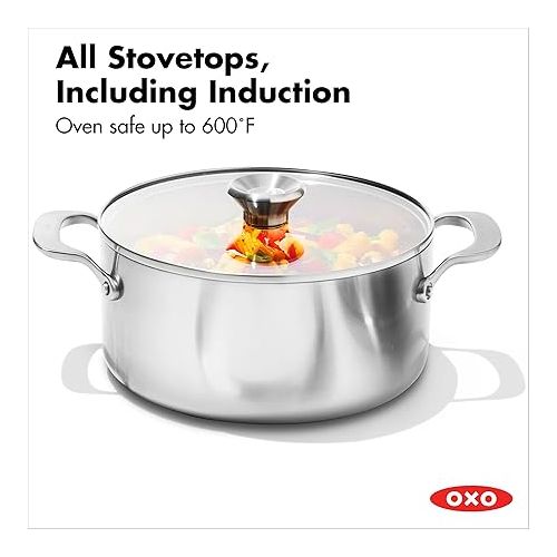 옥소 OXO Mira Tri-Ply Stainless Steel, 5QT Stock Pot with Lid, Induction, Multi Clad, Dishwasher and Metal Utensil Safe