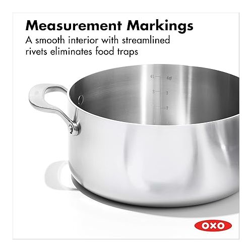 옥소 OXO Mira Tri-Ply Stainless Steel, 5QT Stock Pot with Lid, Induction, Multi Clad, Dishwasher and Metal Utensil Safe