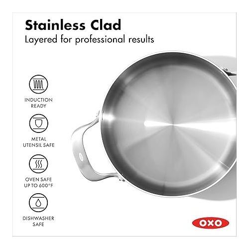 옥소 OXO Mira Tri-Ply Stainless Steel, 5QT Stock Pot with Lid, Induction, Multi Clad, Dishwasher and Metal Utensil Safe