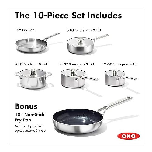 옥소 OXO Mira Tri-ply Stainless Steel, 10 Piece Cookware Pots and Pans Set including Ceramic Nonstick Frying Pan, Induction, Multi Clad, Dishwasher and Metal Utensil Safe