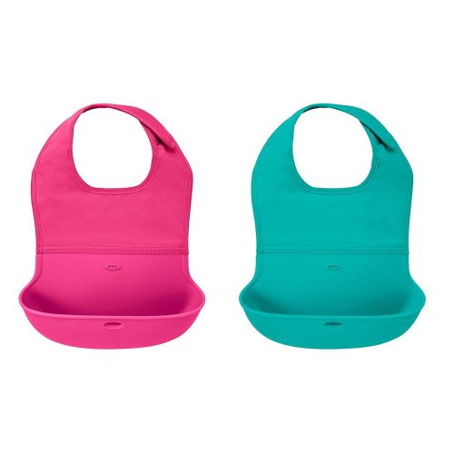 옥소 [아마존베스트]OXO Tot 2-Piece Waterproof Silicone Roll Up Bib with Comfort-Fit Fabric Neck, Pink/Teal