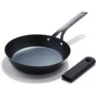 OXO Obsidian Pre-Seasoned Carbon Steel, 8 Frying Pan Skillet with Removable Silicone Handle Holder, Induction, Oven Safe, Black