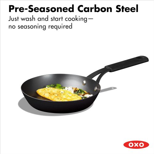 옥소 OXO Obsidian Pre-Seasoned Carbon Steel, 8 Frying Pan Skillet with Removable Silicone Handle Holder, Induction, Oven Safe, Black