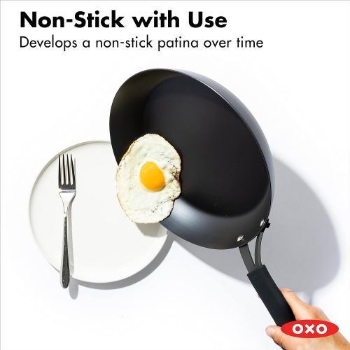 옥소 OXO Obsidian Pre-Seasoned Carbon Steel, 8 Frying Pan Skillet with Removable Silicone Handle Holder, Induction, Oven Safe, Black