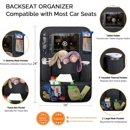  OYRGCIK Backseat Car Organizer, Kick Mats Car Back Seat Protector with Touch Screen Tablet Holder Tissue Box 8 Storage Pockets for Toys Book Bottle Drinks Kids Baby Toddler Travel