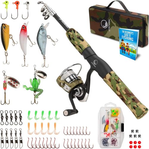  Oystern Kid’s Fishing Pole Kit with Spinning Reel - 62 Piece Tackle Bag, 4lb Test Line - Including Beginner’s Guide eBook - Toddler Fishing Pole Combo - Youth Telescopic Portable R