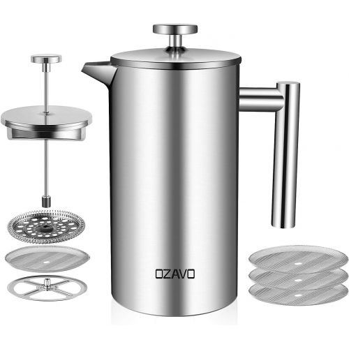  OZAVO Kaffeebereiter, mit Edelstahlfilter, French Press System mit Zweilagiger Konstruktion, 1L