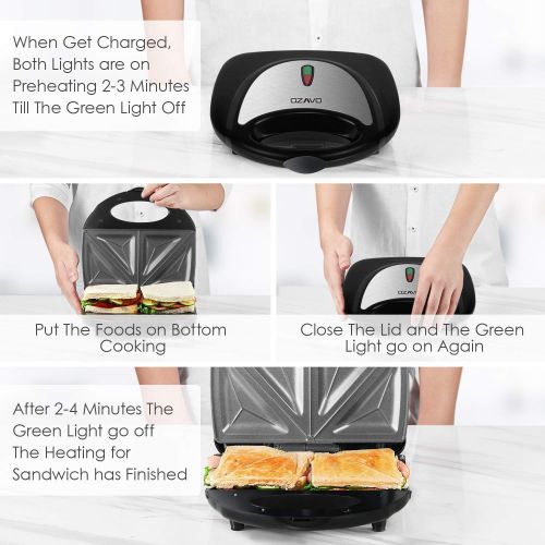  OZAVO Sandwichmaker, Sandwich Toaster, Tischgrill 750W mit Antihaftbeschichtung, LED-Anzeigeleuchten, Schwarz (MEHRWEG)