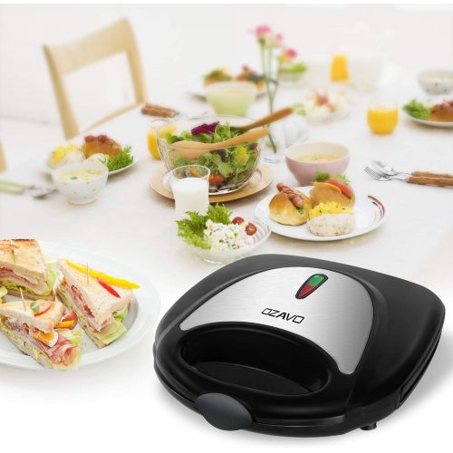  OZAVO Sandwichmaker, Sandwich Toaster, Tischgrill 750W mit Antihaftbeschichtung, LED-Anzeigeleuchten, Schwarz (MEHRWEG)