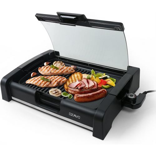  OZAVO Elektrogrill, Tischgrill mit Glasdeckel, Elektrische Multipfanne, BBQ Barbecue, elektrisch Grillflasche, Grillpatte 1650Watt, verstellbarer Thermostat