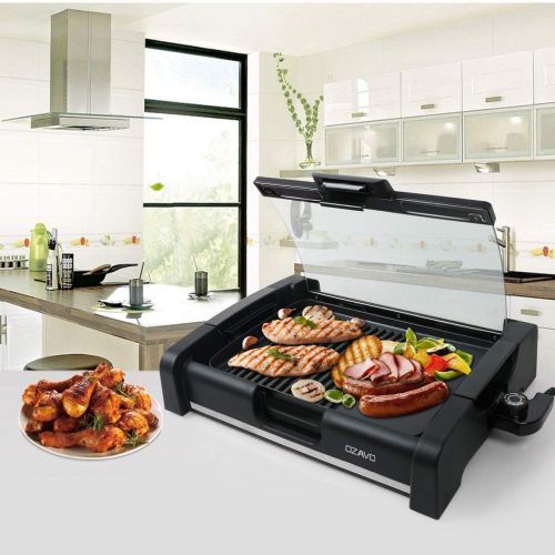  OZAVO Elektrogrill, Tischgrill mit Glasdeckel, Elektrische Multipfanne, BBQ Barbecue, elektrisch Grillflasche, Grillpatte 1650Watt, verstellbarer Thermostat