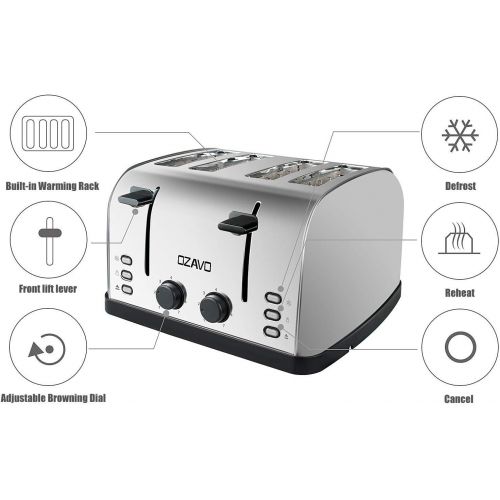  OZAVO Toaster 4 Scheiben, Broetchenaufsatz, 7 Braunungsstufen, Zentrierfunktion, mit Abnehmbarer Kruemelschublade, Edelstahlgehause, 1500W