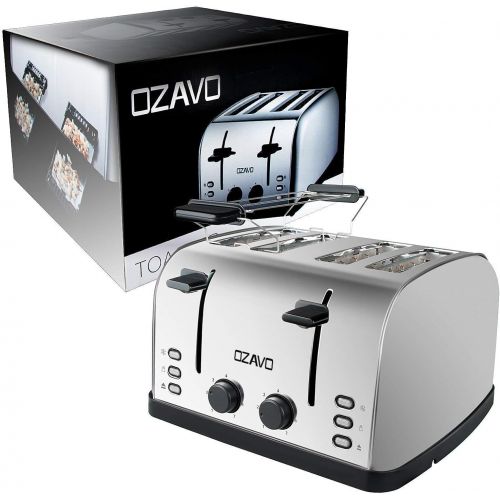  OZAVO Toaster 4 Scheiben, Broetchenaufsatz, 7 Braunungsstufen, Zentrierfunktion, mit Abnehmbarer Kruemelschublade, Edelstahlgehause, 1500W