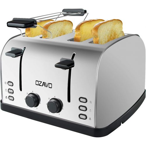  OZAVO Toaster 4 Scheiben, Broetchenaufsatz, 7 Braunungsstufen, Zentrierfunktion, mit Abnehmbarer Kruemelschublade, Edelstahlgehause, 1500W