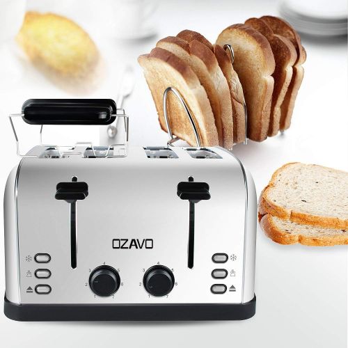  OZAVO Toaster 4 Scheiben, Broetchenaufsatz, 7 Braunungsstufen, Zentrierfunktion, mit Abnehmbarer Kruemelschublade, Edelstahlgehause, 1500W