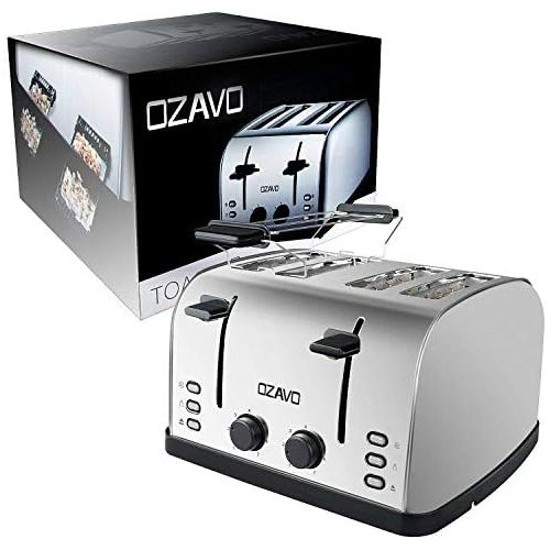  OZAVO Toaster 4 Scheiben, Broetchenaufsatz, 7 Braunungsstufen, Zentrierfunktion, mit Abnehmbarer Kruemelschublade, Edelstahlgehause, 1500W