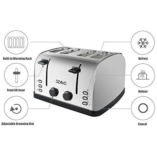  OZAVO Toaster 4 Scheiben, Broetchenaufsatz, 7 Braunungsstufen, Zentrierfunktion, mit Abnehmbarer Kruemelschublade, Edelstahlgehause, 1500W