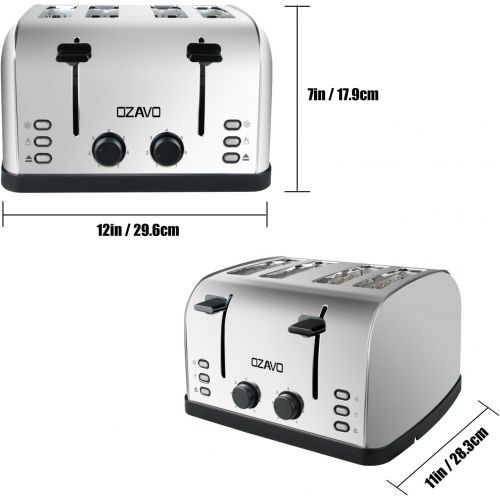  OZAVO Toaster 4 Scheiben, Broetchenaufsatz, 7 Braunungsstufen, Zentrierfunktion, mit Abnehmbarer Kruemelschublade, Edelstahlgehause, 1500W