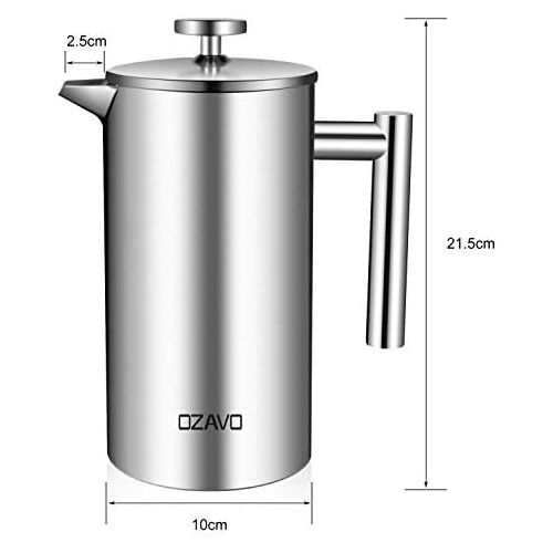  OZAVO Kaffeebereiter, mit Edelstahlfilter, French Press System mit Zweilagiger Konstruktion, 1L