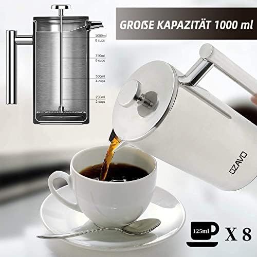  OZAVO Kaffeebereiter, mit Edelstahlfilter, French Press System mit Zweilagiger Konstruktion, 1L