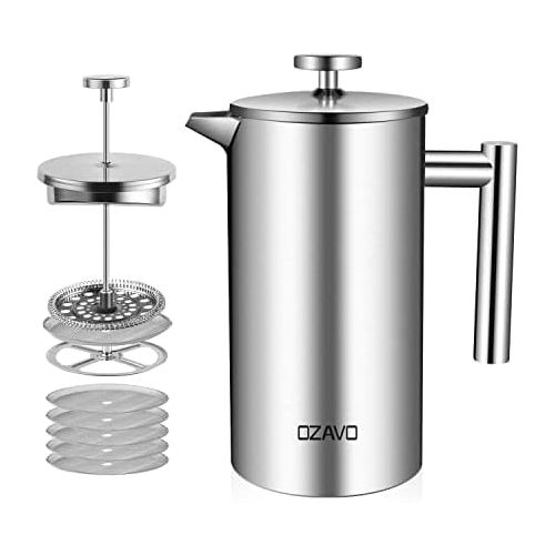  OZAVO Kaffeebereiter, mit Edelstahlfilter, French Press System mit Zweilagiger Konstruktion, 1L