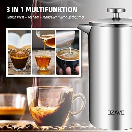  OZAVO Kaffeebereiter, mit Edelstahlfilter, French Press System mit Zweilagiger Konstruktion, 1L