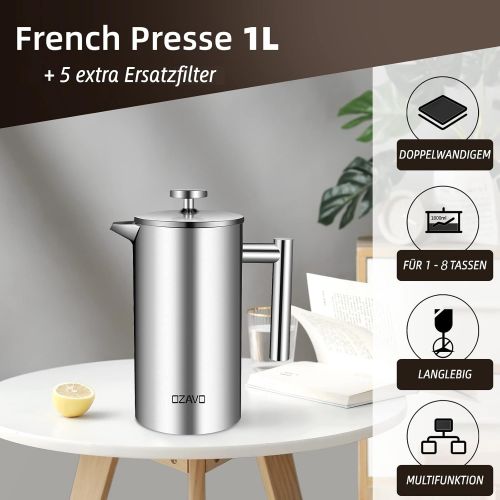  OZAVO Kaffeebereiter, mit Edelstahlfilter, French Press System mit Zweilagiger Konstruktion, 1L