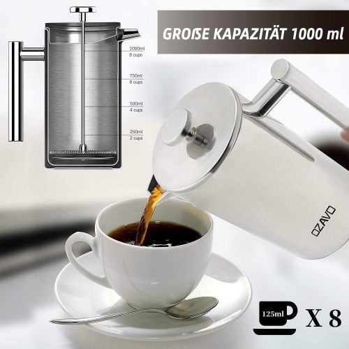  OZAVO Kaffeebereiter, mit Edelstahlfilter, French Press System mit Zweilagiger Konstruktion, 1L