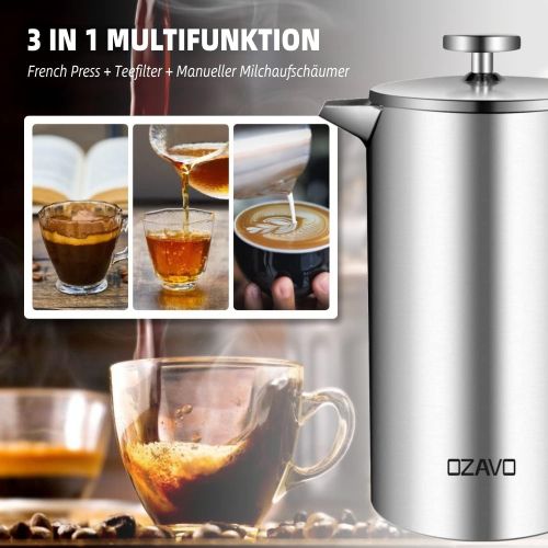  OZAVO Kaffeebereiter, mit Edelstahlfilter, French Press System mit Zweilagiger Konstruktion, 1L