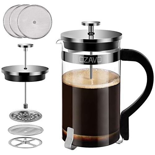  OZAVO French Press 1 Liter Glas Kaffeebereiter, Kaffee-Presse mit Edelstahl-Filter, Kaffee-Kanne aus Glas, Teebereiter mit Edelstahl-Rahmen, 8 Tassen