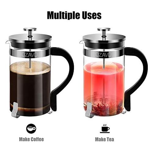  OZAVO French Press 1 Liter Glas Kaffeebereiter, Kaffee-Presse mit Edelstahl-Filter, Kaffee-Kanne aus Glas, Teebereiter mit Edelstahl-Rahmen, 8 Tassen