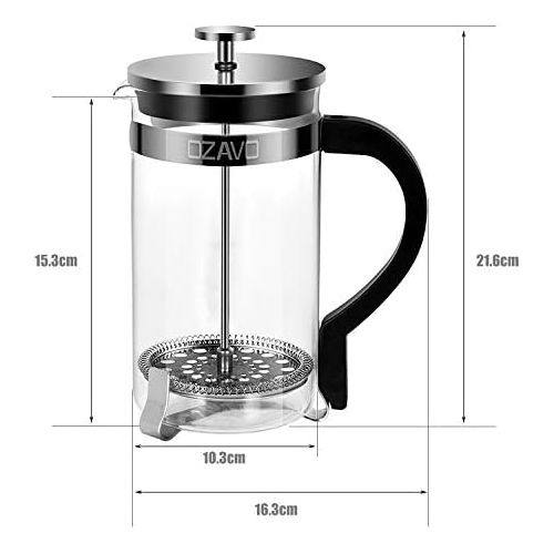  OZAVO French Press 1 Liter Glas Kaffeebereiter, Kaffee-Presse mit Edelstahl-Filter, Kaffee-Kanne aus Glas, Teebereiter mit Edelstahl-Rahmen, 8 Tassen