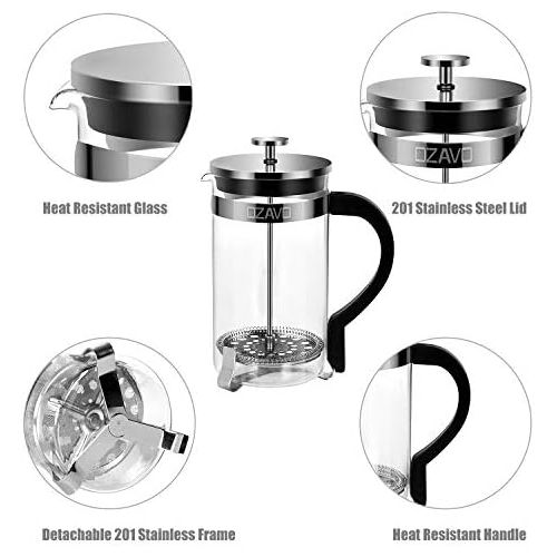  OZAVO French Press 1 Liter Glas Kaffeebereiter, Kaffee-Presse mit Edelstahl-Filter, Kaffee-Kanne aus Glas, Teebereiter mit Edelstahl-Rahmen, 8 Tassen