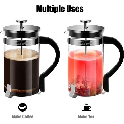  OZAVO French Press 1 Liter Glas Kaffeebereiter, Kaffee-Presse mit Edelstahl-Filter, Kaffee-Kanne aus Glas, Teebereiter mit Edelstahl-Rahmen, 8 Tassen