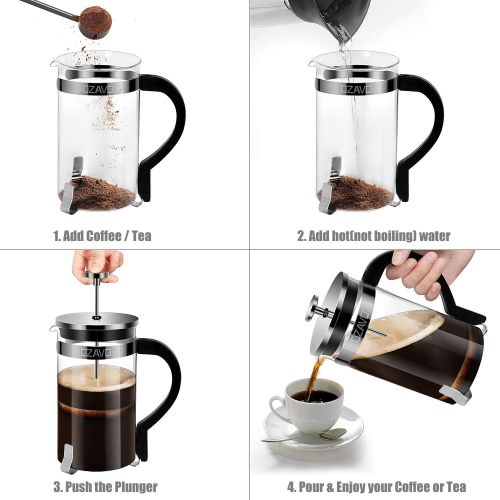  OZAVO French Press 1 Liter Glas Kaffeebereiter, Kaffee-Presse mit Edelstahl-Filter, Kaffee-Kanne aus Glas, Teebereiter mit Edelstahl-Rahmen, 8 Tassen