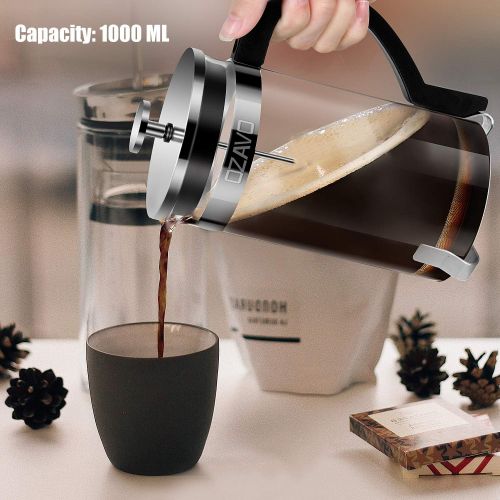  OZAVO French Press 1 Liter Glas Kaffeebereiter, Kaffee-Presse mit Edelstahl-Filter, Kaffee-Kanne aus Glas, Teebereiter mit Edelstahl-Rahmen, 8 Tassen