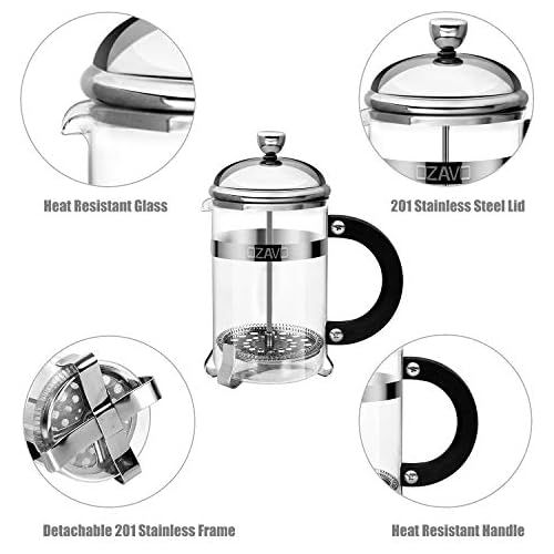  OZAVO Kaffeebereiter Glas, French Press Kaffee-Presse mit Edelstahlfilter und Edelstahl-Rahmen, Kaffeezubereiter Presskanne fuer Kaffee oder Tee, 800 ML