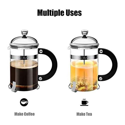  OZAVO Kaffeebereiter Glas, French Press Kaffee-Presse mit Edelstahlfilter und Edelstahl-Rahmen, Kaffeezubereiter Presskanne fuer Kaffee oder Tee, 800 ML