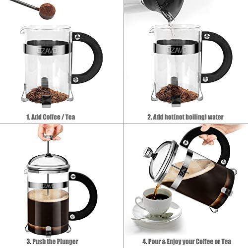  OZAVO Kaffeebereiter Glas, French Press Kaffee-Presse mit Edelstahlfilter und Edelstahl-Rahmen, Kaffeezubereiter Presskanne fuer Kaffee oder Tee, 800 ML