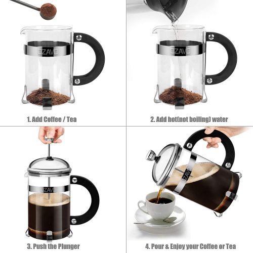  OZAVO Kaffeebereiter Glas, French Press Kaffee-Presse mit Edelstahlfilter und Edelstahl-Rahmen, Kaffeezubereiter Presskanne fuer Kaffee oder Tee, 800 ML