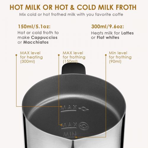  OZAVO Milchaufschaumer, elektrische Milk Frother, 240ml Kapazitat, 500W Milchschaumer, Warm und Kaltaufschaumen fuer Kaffee, Cappuccino, antihaftbeschichtet, 360° Basisstation