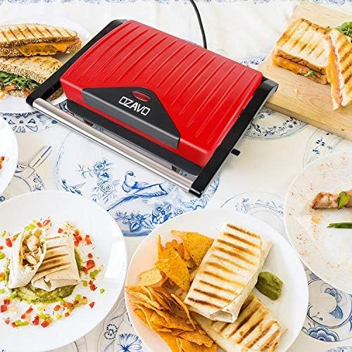  OZAVO Sandwichtoaster, Kontaktgrill mini, Panini Sandwich Maker, Elektrogrill Multifunktion, kleine Tischgrill, Antihaftbeschichtung, Leuchtanzeige, 750 W, MEHRWEG