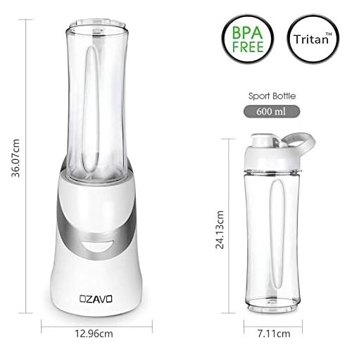  [아마존베스트]OZAVO Smoothie Maker Blender 350 W BPA Free 600 ml Tritan Drinking Bottle Portable 4 Stainless Steel Knives (White)