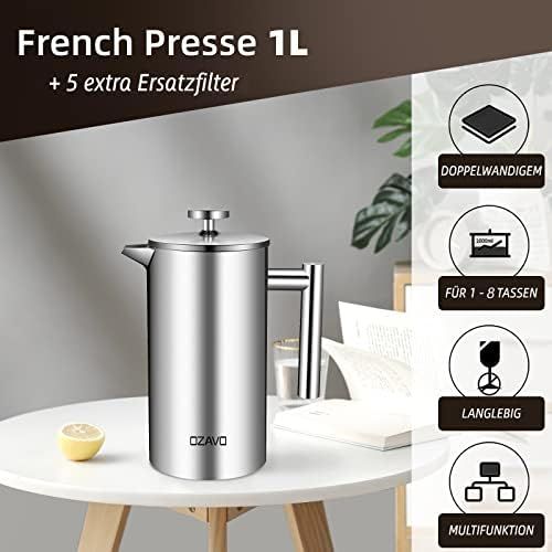  [아마존베스트]OZAVO Coffee maker, with stainless steel filter, French press system with two-layer construction, 1 L